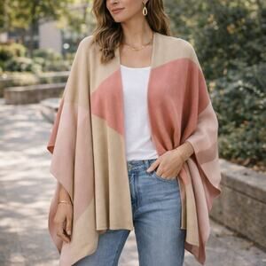 Chico's SZ L/XL Drama Abstract Ruana Covering Mellow Rose Shawl Wrap Shrug NWT